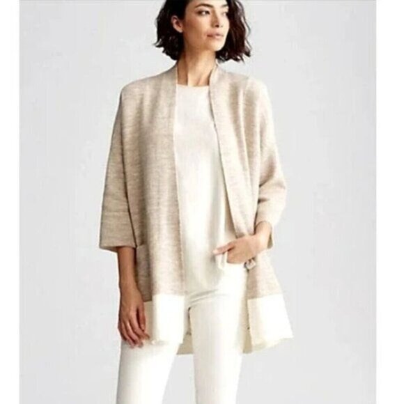 Eileen Fisher Double Knit Tan Kimono Merino Wool Cashmere Blend Cardigan Sweater - Picture 1 of 6